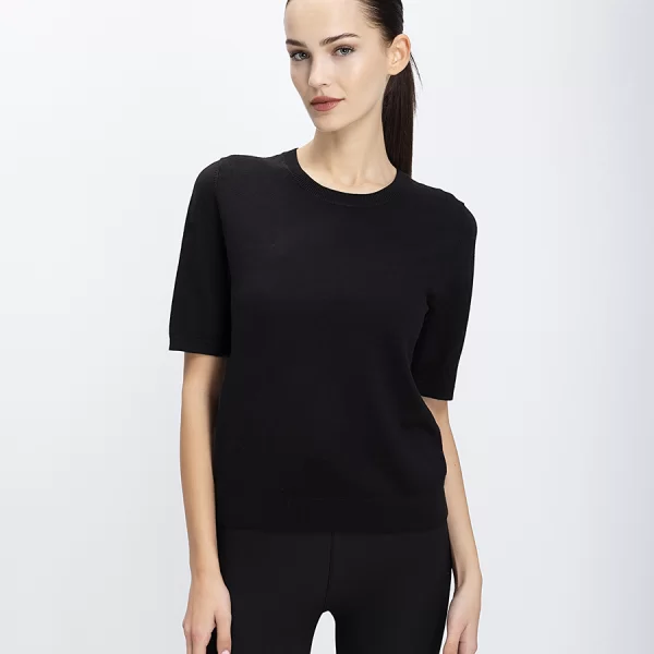 Γυναικεία Πλεκτή Μπλούζα Με Κοντό Μανίκι Και Στρογγυλή Λαιμόκοψη