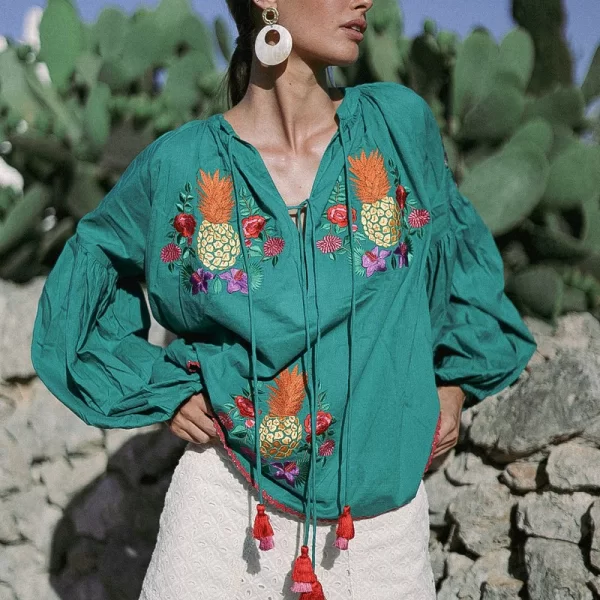 Luna Llena Γυναικεία Μπλούζα Βαμβακερή με Κεντήματα Boho Regular Fit