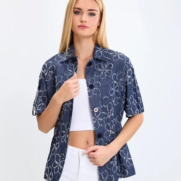 Γυναικείο Σακάκι με Ανάγλυφο Σχέδιο Regular Fit σε Μπλε