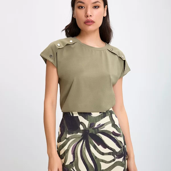 Γυναικεία Μπλούζα Βαμβακερή με Τρουκς Regular Fit σε Χακί