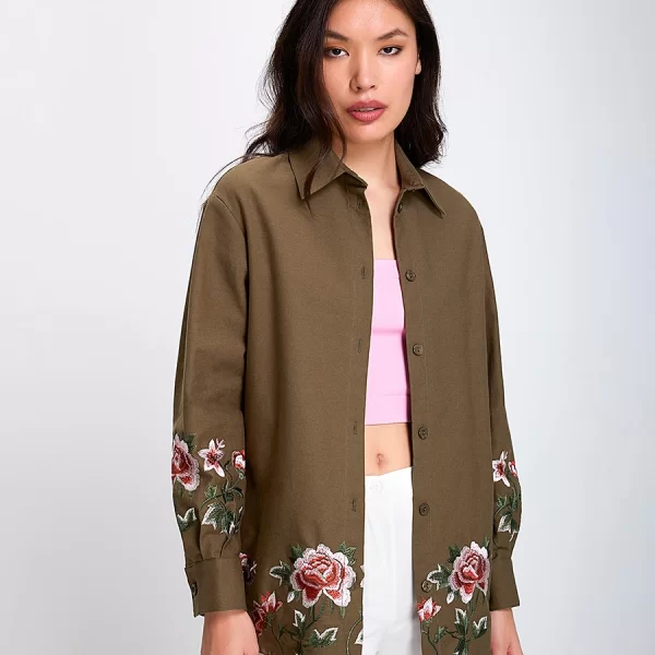 Γυναικείο Overshirt με Κεντημένα Λουλούδια Regular Fit σε Λαδί