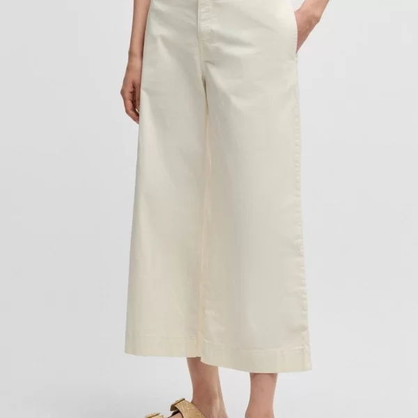 Boss Boss Γυναικείο Παντελόνι Culottes Regular Fit Από Ελαστικό Βαμβακερό Twill Με Πιέτες White