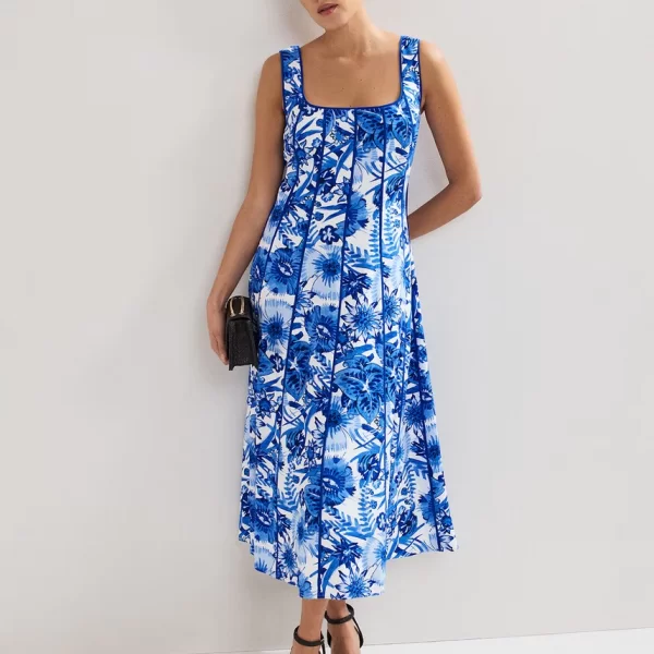 Phase Eight Phase Eight Γυναικείο Midi Φόρεμα με Floral Μοτίβο και Λεπτομέρεια Piping Regular Fit σε Μπλε