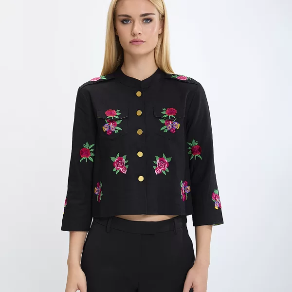 LUNA LLENA Luna Llena Γυναικείο Σακάκι Βαμβακερό με Μανίκια 3/4 και Κεντήματα Regular Fit σε Μαύρο