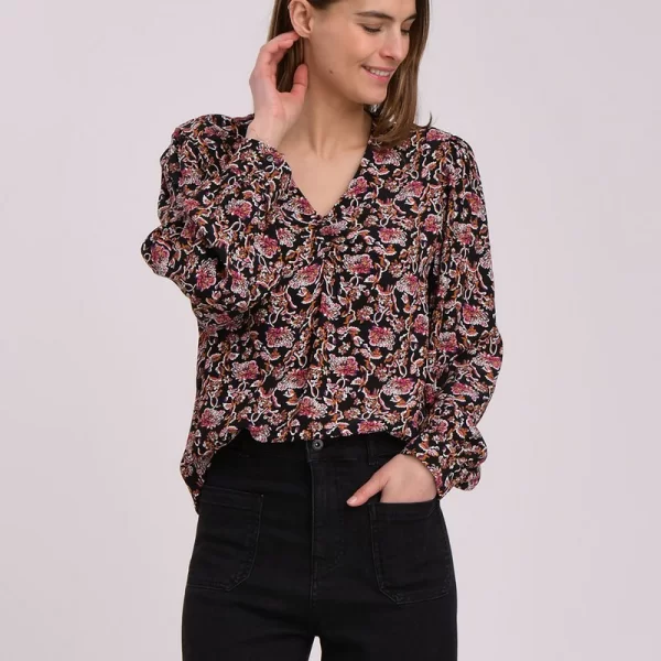 LA FEE MARABOUTEE La Fee Maraboutee Γυναικεία Μπλούζα Μαύρη Εμπριμέ V Ντεκολτέ 60% Viscose ECOVERO 40% Viscose Filament