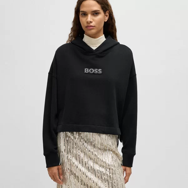 Boss Boss Γυναικείο Φούτερ Βαμβακερό με Λογότυπο και Κουκούλα σε Μαύρο