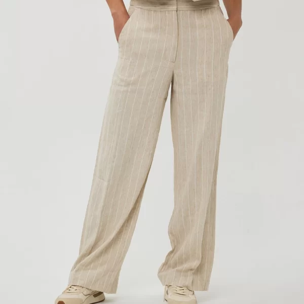 EsQualo EsQualo Γυναικείο Λινό Παντελόνι με Ρίγες Regular Fit σε Μπεζ