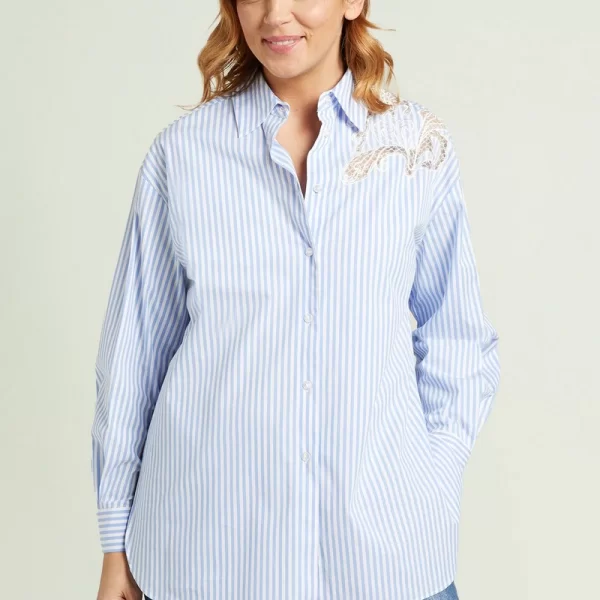 Luisa Viola Γυναικείο Ριγέ Πουκάμισο με Κέντημα σε Γαλάζιο