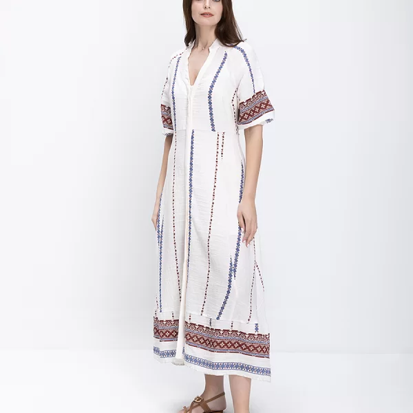 Mina Roo Mina Roo Γυναικείο Φόρεμα Maxi Με Ethnic Κέντημα Και V Λαιμόκοψη