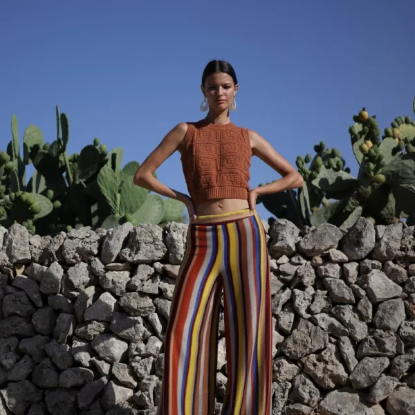 LUNA LLENA Luna Llena Γυναικείο Παντελόνι Boho με Ριγέ Μοτίβο και Πλέξη Crochet Regular Fit