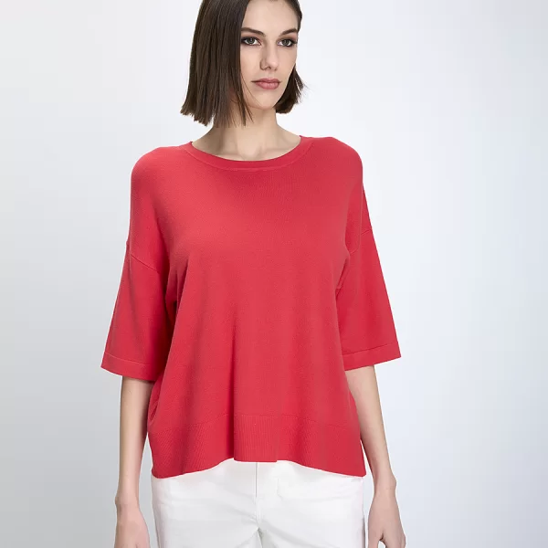 Clarina Γυναικείο Πλεκτό Τοπ Κανονική Γραμμή Βισκόζη Με Κοντό Μανίκι Κόκκινο