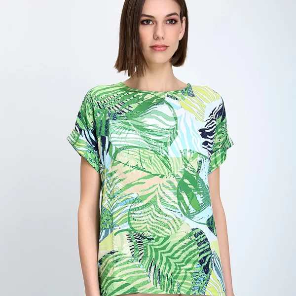Clarina Γυναικείο T-Shirt Κανονική Γραμμή Βισκόζη Με Τροπικό Print Πράσινο