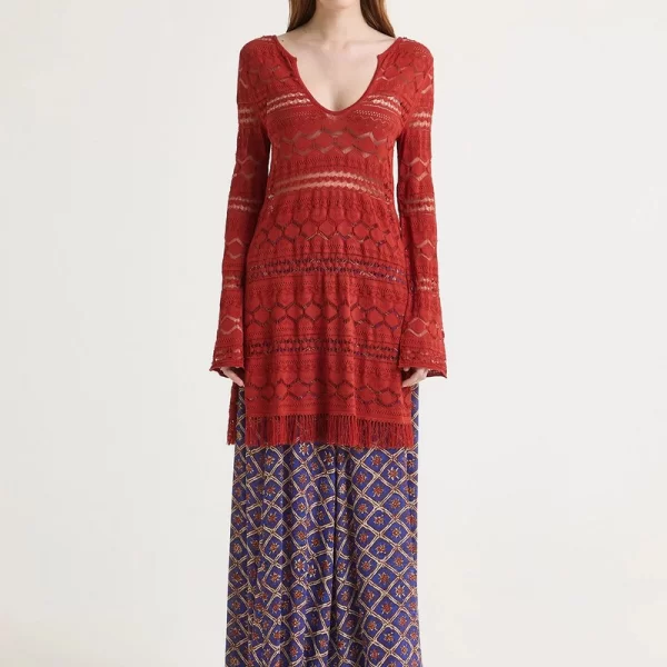 MALIPARMI Maliparmi Γυναικείο Πλεκτό Καφτάνι με Δαντελέ Πλέξη, Κρόσσια και Σκισίματα Regular Fit σε Κόκκινο