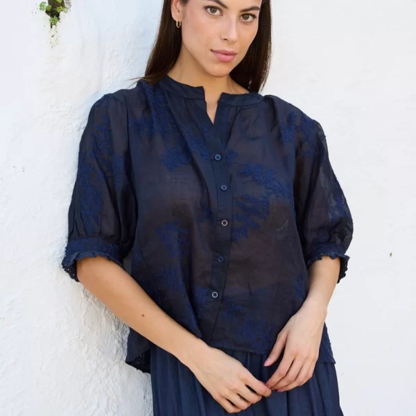 LUNA LLENA Luna Llena Γυναικείο Πουκάμισο με Κεντημένες Λεπτομέρειες Regular Fit σε Μπλε Σκούρο