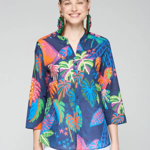 VILAGALLO Vilagallo Γυναικείο Πουκάμισο Βαμβακερό με Jungle Print Regular Fit σε Μπλε