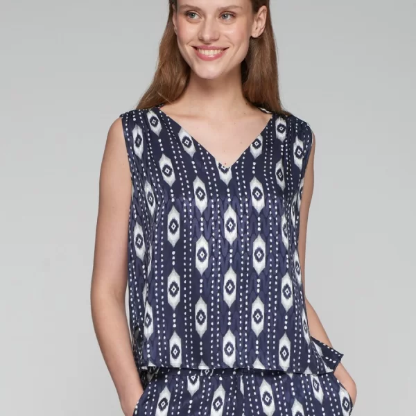 VILAGALLO Vilagallo Γυναικείο Αμάνικο Τοπ με Jacquard Ikat Print Regular Fit σε Μπλε