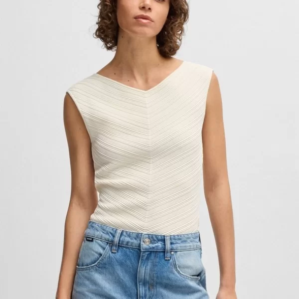 Boss Boss Γυναικείο Πλεκτό Top με V Ντεκολτέ και Ανάγλυφη Υφή Slim Fit σε Εκρού