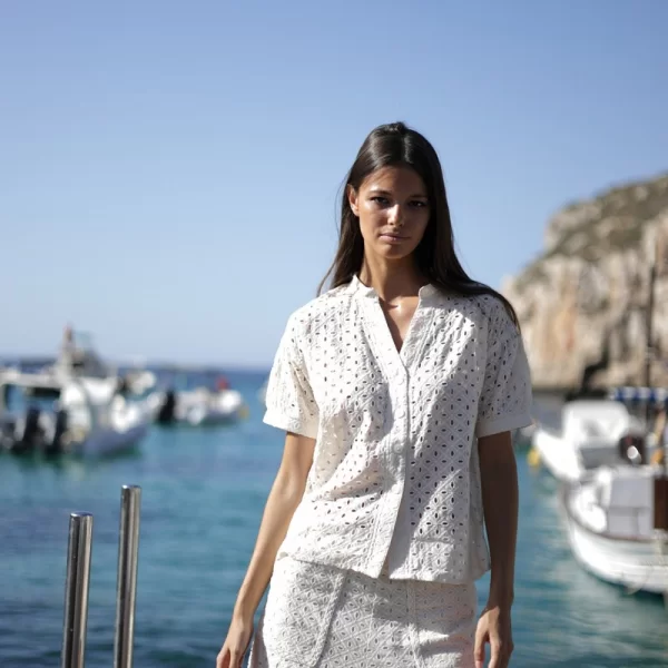 LUNA LLENA Luna Llena Γυναικείο Πουκάμισο Κοντομάνικο Δαντελένιο Regular Fit σε Εκρού