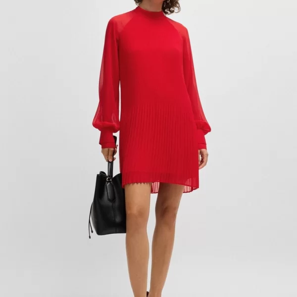 Boss Boss Γυναικείο Φόρεμα Πλισέ με Ψηλό Λαιμό και Διάφανα Μανίκια σε Κόκκινο