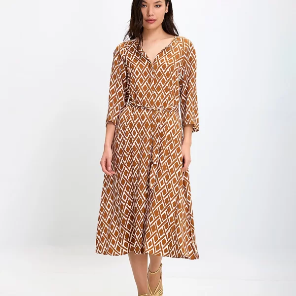 Penny Black Γυναικείο Φόρεμα με Γεωμετρικό Σχέδιο και Ζώνη Στη Μέση Regular Fit σε Καφέ