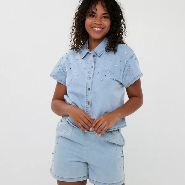 EsQualo EsQualo Γυναικείο Τζιν Πουκάμισο Cropped Βαμβακερό με Τρουκς και Στρας