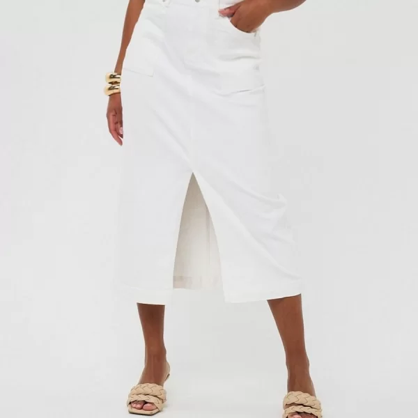 EsQualo EsQualo Γυναικεία Τζιν Φούστα Midi με Λοξές Τσέπες και Μπροστινό Σκίσιμο σε Λευκό