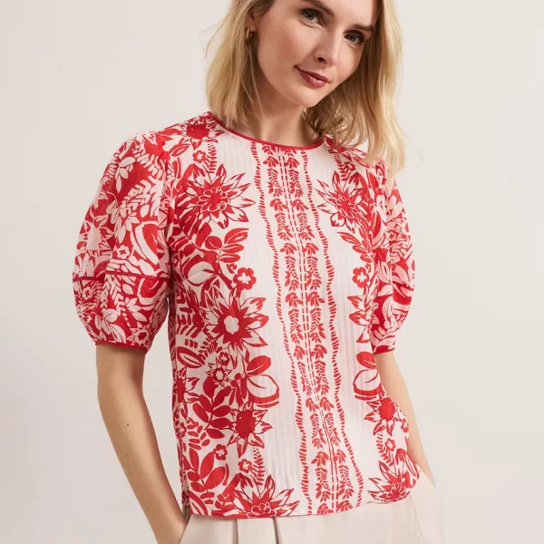 Phase Eight Γυναικείο Τοπ με Φλοράλ Σχέδιο και Φουσκωτά Μανίκια Regular Fit σε Κόκκινο