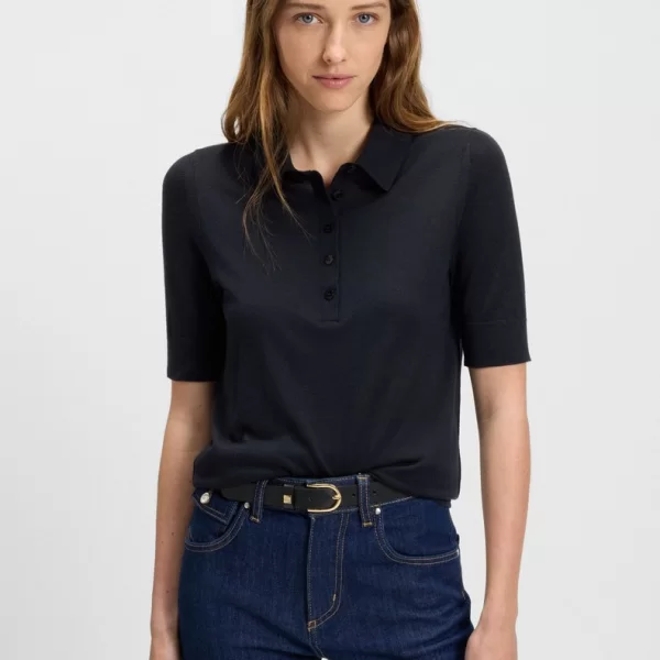 Boss Boss Γυναικείο Πλεκτό Polo από Μεταξωτό Μαλλί Regular Fit σε Μπλε