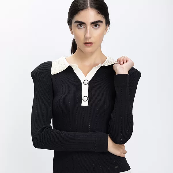 Gaudi Gaudi Γυναικεία Μπλούζα Rib Με Διακοσμητικές Πέρλες Slim Fit