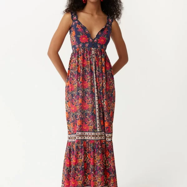 Mina Roo Γυναικείο Μακρύ Φόρεμα Βαμβακερό με Λουλουδάτο Μοτίβο και Κεντητές Λεπτομέρειες