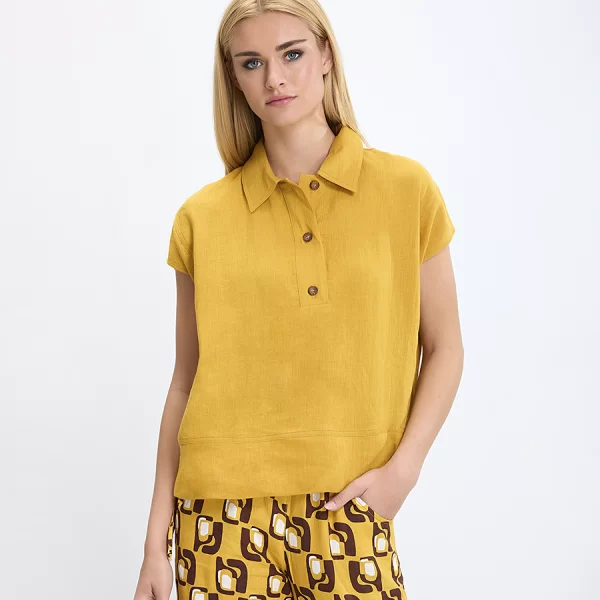 Laura Donini Γυναικείο Τοπ Λινό με Γιακά και Κουμπιά σε Μουσταρδί
