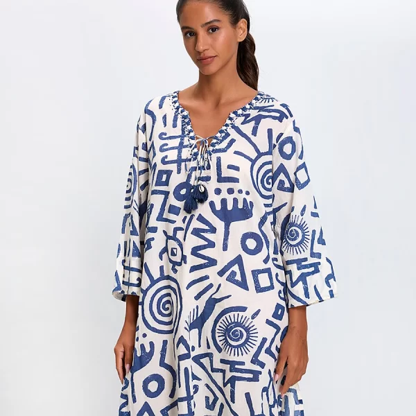 Mina Roo Γυναικείο Φόρεμα Βαμβακερό με V-Λαιμόκοψη και Κορδόνι Relaxed Fit σε Μπλε/Λευκό