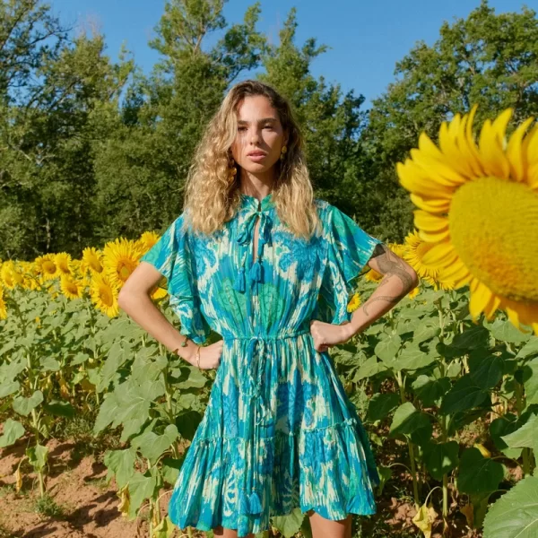 Mina Roo Γυναικείο Μίνι Φόρεμα Regular Fit Βισκόζη Με Λεπτομέρειες Δεσίματος Τιρκουάζ/Μπλε