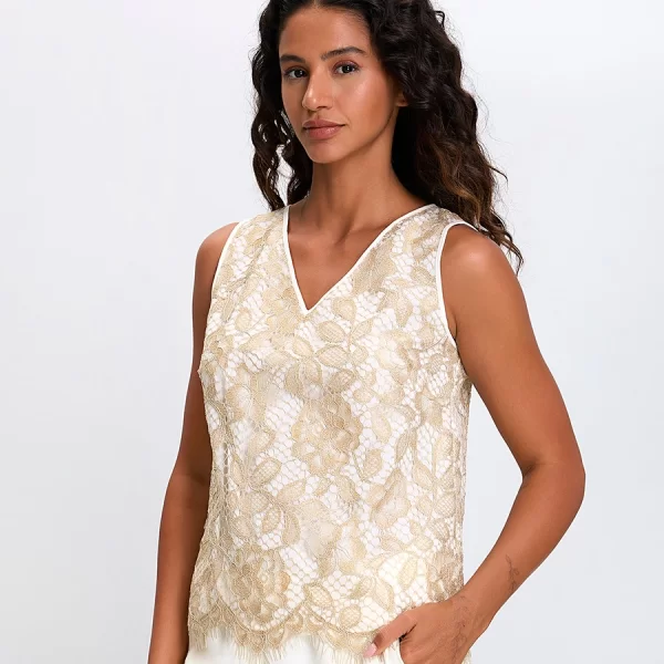 Laura Donini Γυναικείο Τοπ με Μεταλλική Δαντέλα Regular Fit σε Εκρού