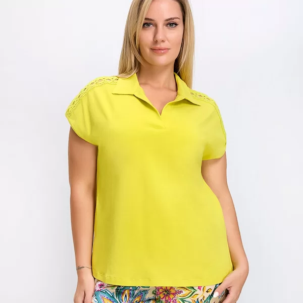 Luisa Viola Γυναικεία Μπλούζα Regular Fit Με Κεντητές Λεπτομέρειες Στους Ώμους Από Βαμβάκι-Ελαστάνη Κίτρινο