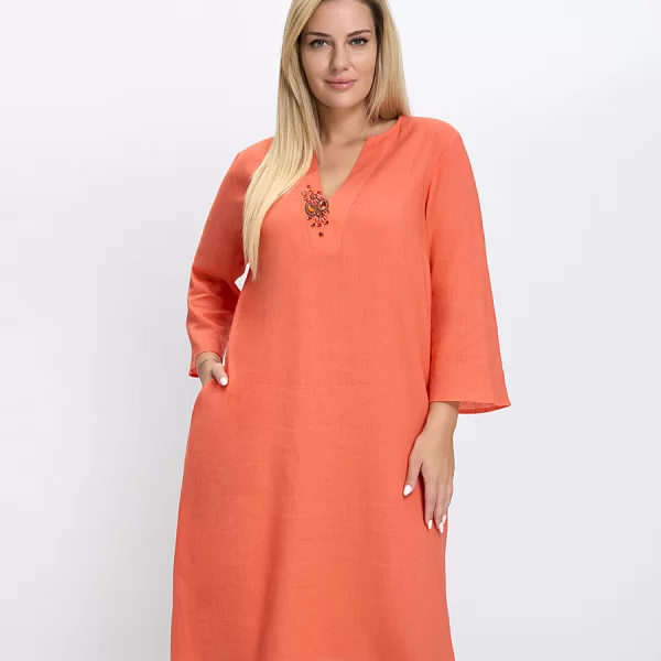 Luisa Viola Γυναικείο Φόρεμα Regular Fit Λινό Με Κεντητό Μοτίβο Πορτοκαλί