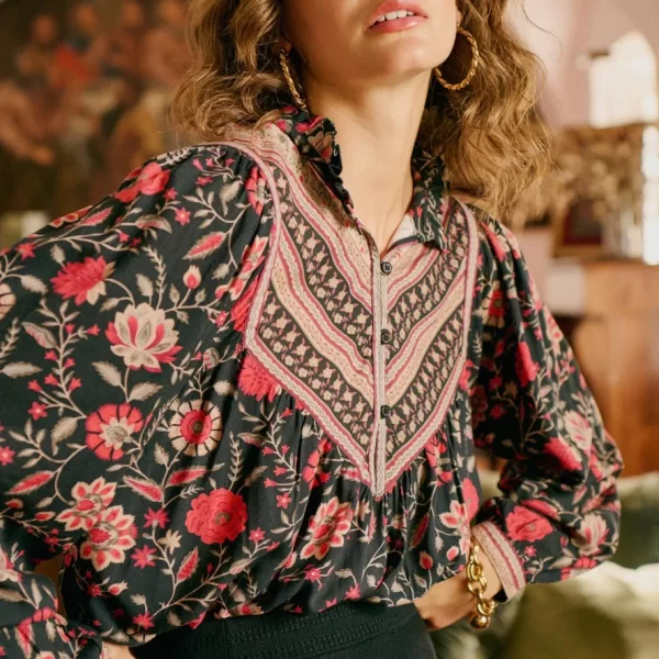 Petite Mendigote Paris Petite Mendigote Γυναικεία Μπλούζα Με Φλοράλ Σχέδιο Και Μανίκια Πουφ Μαύρη