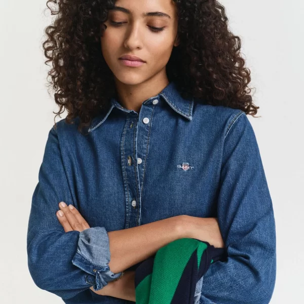 GANT Gant Γυναικείο Πουκάμισο Regular Fit Βαμβακερό Με Κέντημα Denim