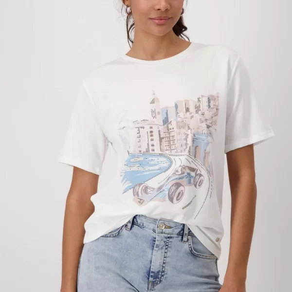 Monari Monari Γυναικεία Μπλούζα Regular Fit Με Μοτίβο Monaco Και Στρας Off White