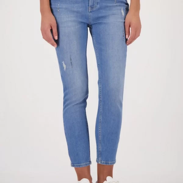 Monari Monari Γυναικείο Jeans Straight Fit 7/8 Με Strass Και Distressed Λεπτομέρειες