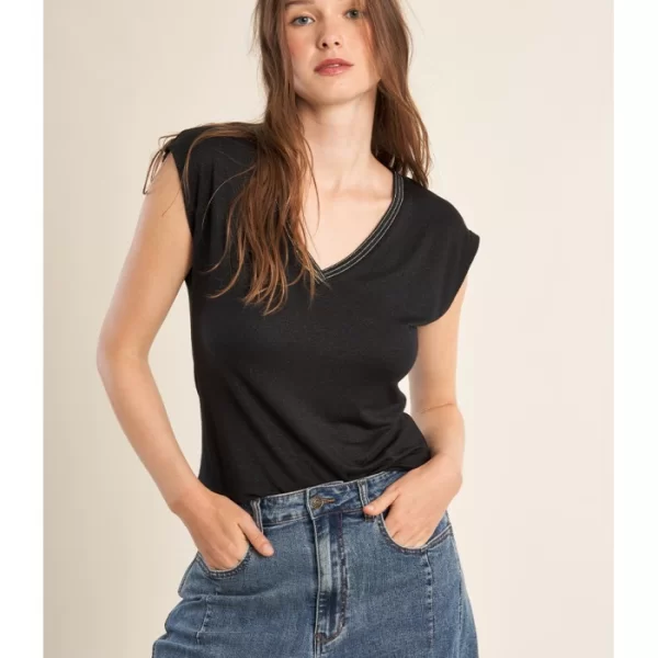 Molly Bracken Molly Bracken Γυναικείο Μπλουζάκι Με V Λαιμόκοψη Και Ασημί Λεπτομέρεια