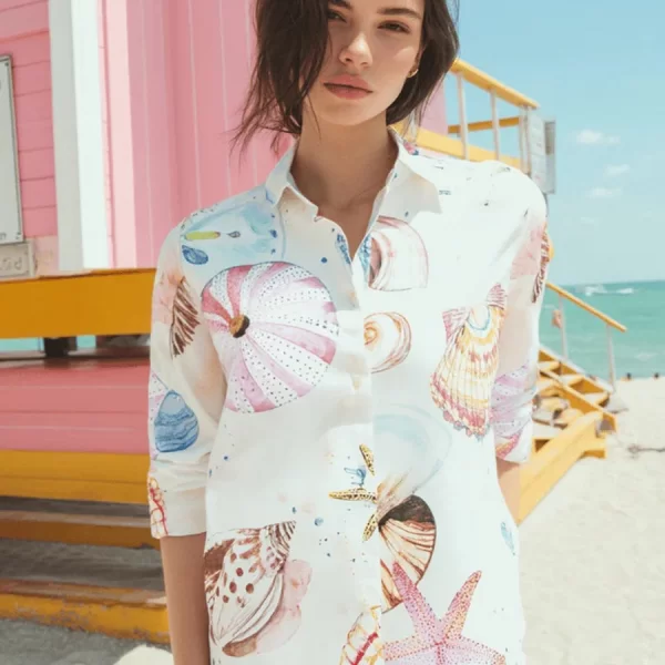 VILAGALLO Vilagallo Γυναικείο Πουκάμισο SARA Με Seashell Print Long Sleeve Relaxed Fit Βαμβακερό