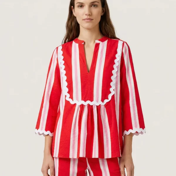 VILAGALLO Vilagallo Γυναικεία Μπλούζα Seersucker Με V Neck Three Quarter Sleeve Regular Fit