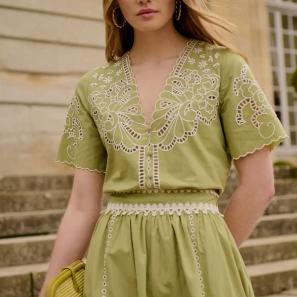 Petite Mendigote Γυναικεία Μπλούζα Βαμβακερή Με Κέντημα Και V Λαιμόκοψη