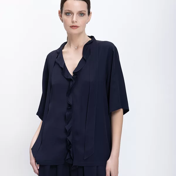 MOMONÍ Momoni Γυναικεία Μπλούζα Με Βολάν Και Κοντό Μανίκι Loose Fit