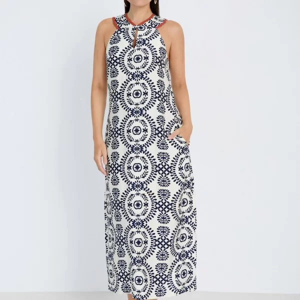 SKATÏE Skatie Γυναικείο Φόρεμα Midi Relaxed Fit Με Ethnic Print Και Halter Λαιμόκοψη