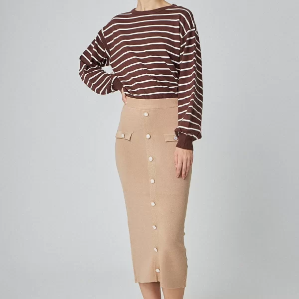 DESIREE Μπέζ πλεκτή φούστα με κουμπιά κόσμημα