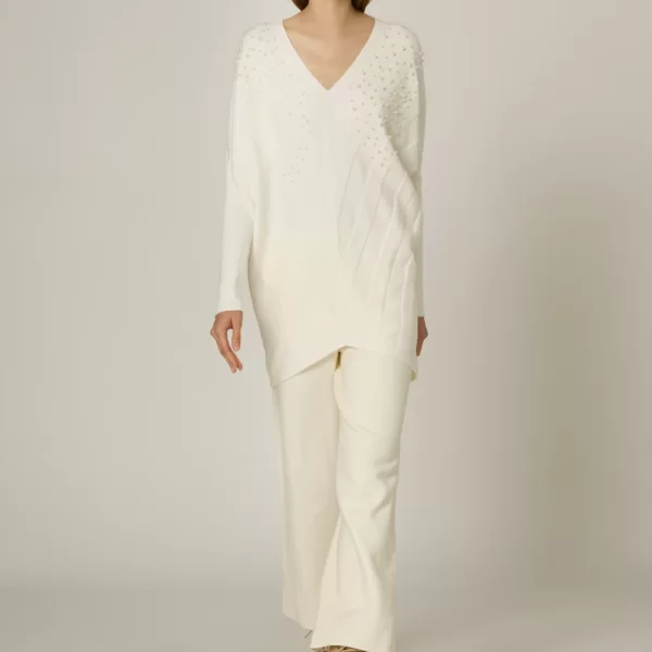 DESIREE Μακρύ πλεκτό πουλόβερ με V ντεκολτέ και πέρλες Εκρού