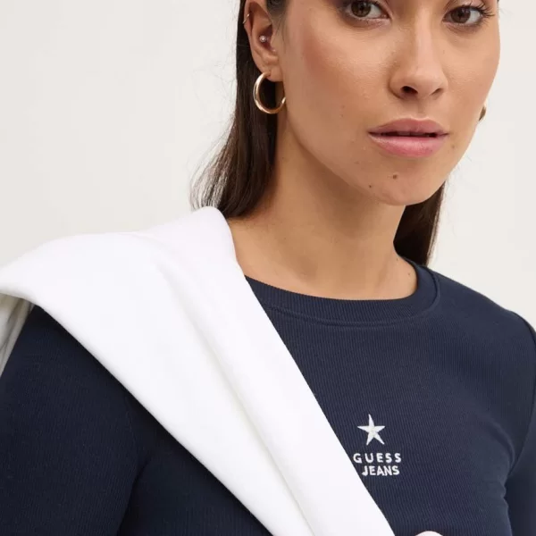 Guess Jeans Woman Μπλέ μακρυμάνικη slim fit μπλούζα ribbed cotton με κέντημα