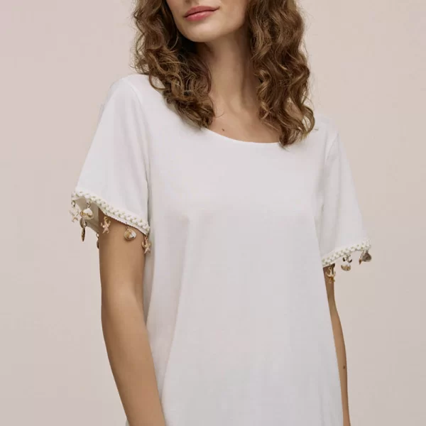 Cinderella Μπλούζα με κοχύλια και τρέσσα στο μανίκι και ανοιχτή πλάτη Εκρού